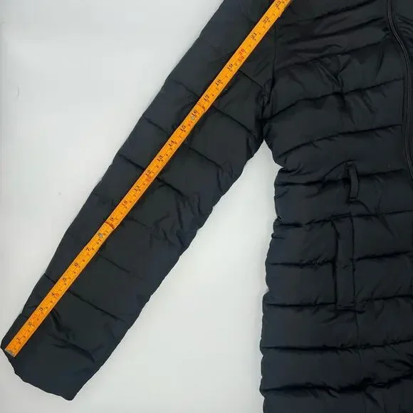 Hollister Long Black Hooded Puffer Coat Faux Fur Trim Winter Jacket Size Women S - Picture 8 of 9